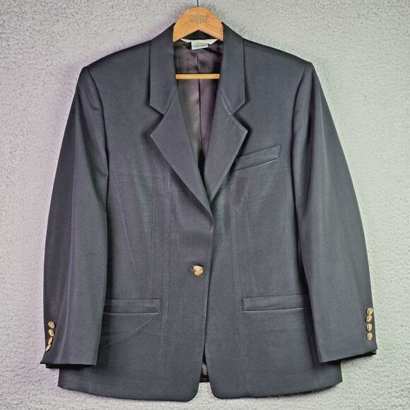 Austin Reed Black Blazer Gold Crested Buttons Tailored 100% Wool Vintage Classic - Picture 1 of 16